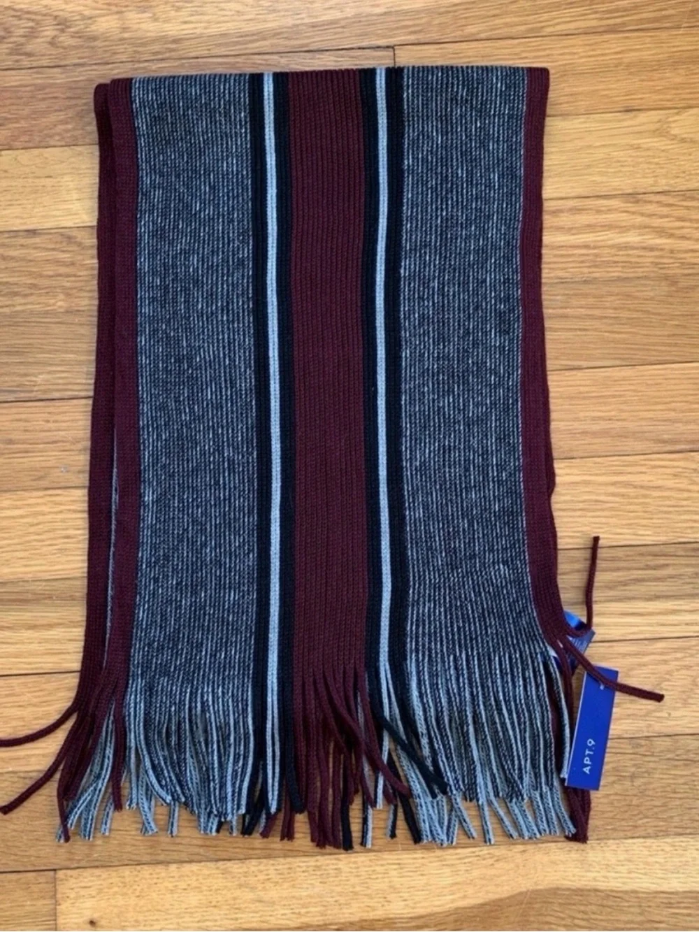Men's Striped Knit Scarf in Gray and Dark Red